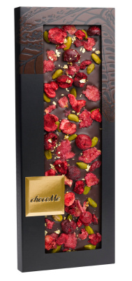 Горький шоколад ChocoMe V105, 23-x каратные золотые хлопья, фисташки Бронте, кусочки вишни, лепестки розы,110 г